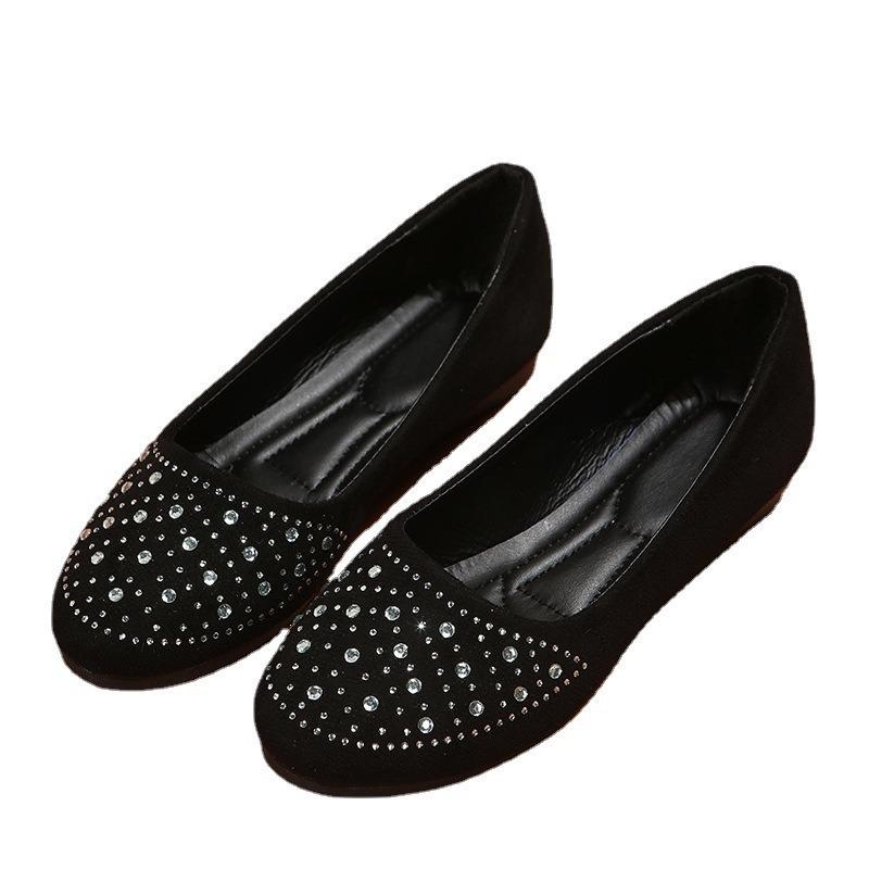 Women's Shoes Flat Heel Shallow Mouth Mother Shoes Flat Bottom Rhinestone Round Head Single Shoes Women
