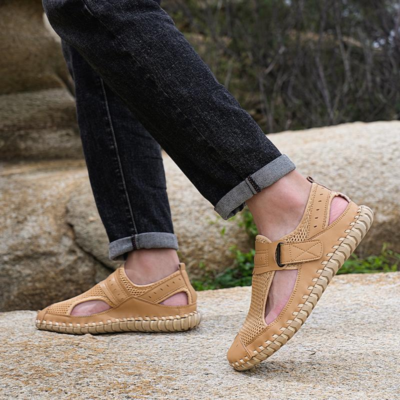 Sommer Herresandaler Ekte Lær Herre Fritidssko Utendørs Herre Lærsandaler for Menn Strandsko Romerske herresko