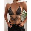 Outfitgirl Fashion Style Sexy Women Clothing Fishnet Rhinestone Shiny Halterneck Lace-up Cutout Sexy Vest