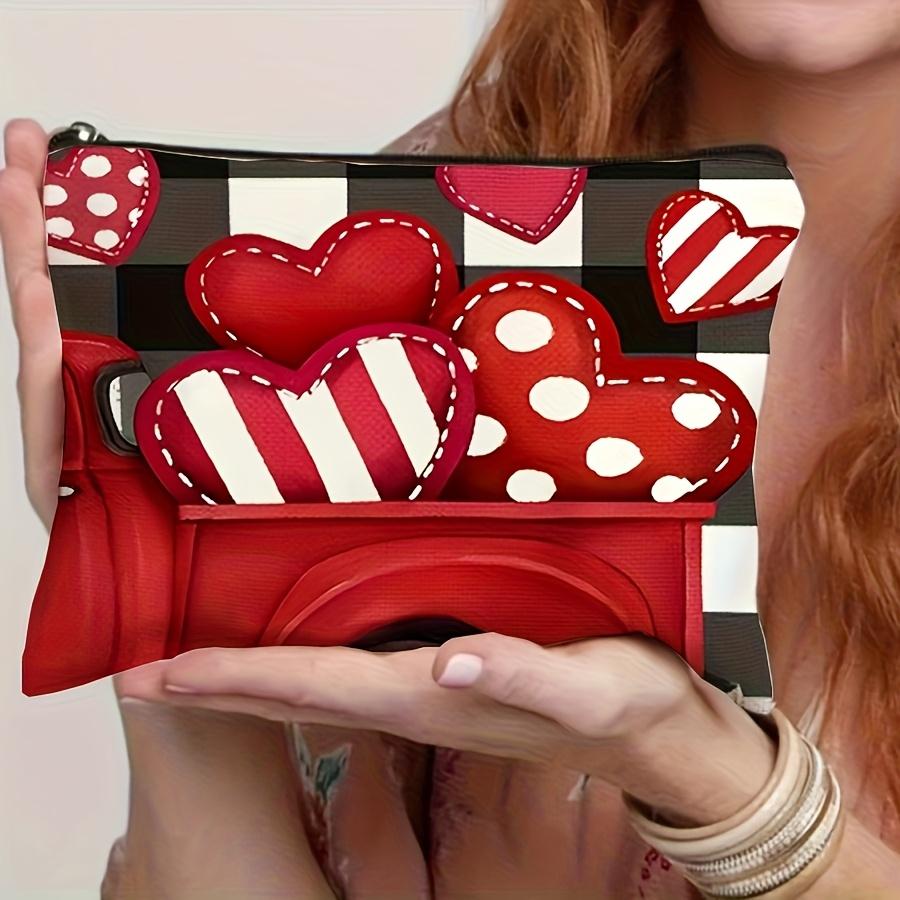 Polka Dot Heart Makeup Bag,Lightweight Foldable Travel Cosmetic Pouch with Zipper,Black White Checkered & Red Heart Pattern,Gift