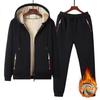 Men's Black Fleece Lined Tracksuit Set Winter Warm Hooded Jacket & Jogger Pants 2 Piece Outfit