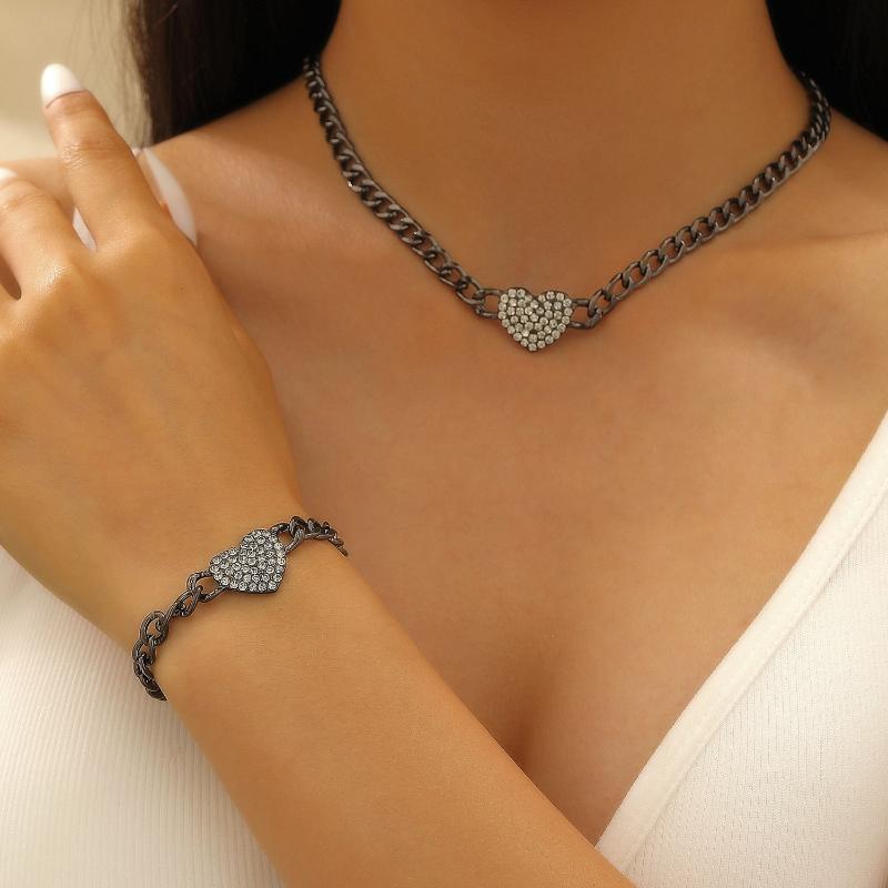 2-piece/set Sparkling Inlaid Zircon Love Necklace, Bracelet, Women's Luxury Wedding Banquet Jewelry Set Gift