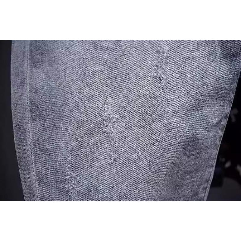 Trendy brand light-colored ripped jeans men's summer thin embroidered Harlan pants elastic casual nine-point pants