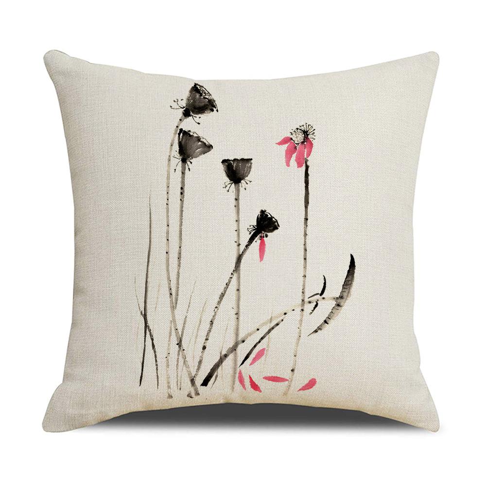 Chinese Style Series Ink Flower and Grass Print Pillow Linen Print New Chinese Style Home Sofa Pillow Living Room Bedroom