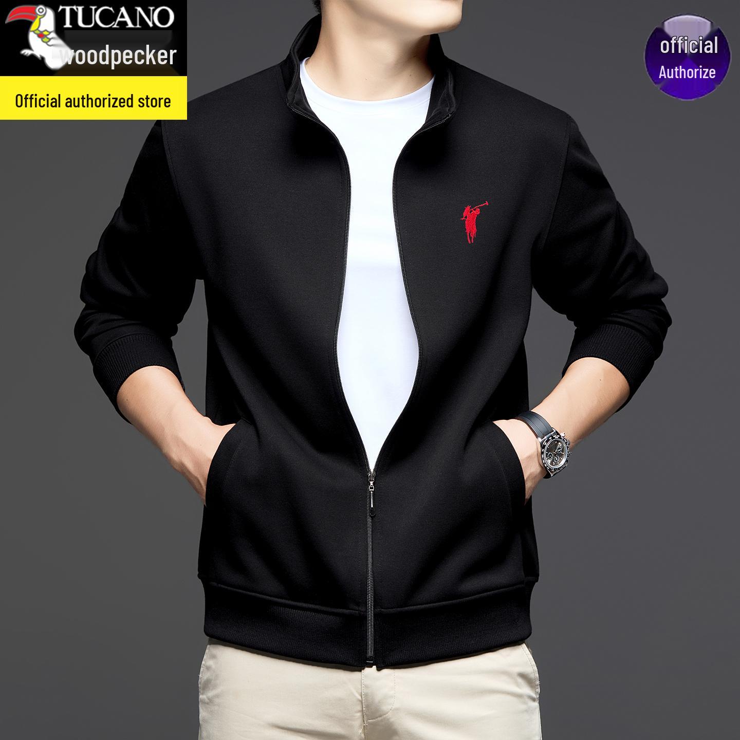 

Woodpecker Men s Stand Collar Zip-Up Hoodie Jacket - 2025 Spring/Autumn Business Casual Cotton 2XL (suggested 130-150 jin)