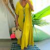 Solid Color V Neck Casual Long Dress Women Simple Style Cotton Baggy 1Pc