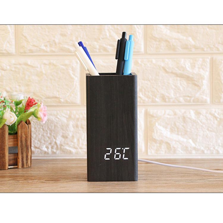 Wooden Digital Temperature Pen Holder Alarm Clock for Gift & Promotion with Cheapest Price Led Desk Clock (Black,3 )