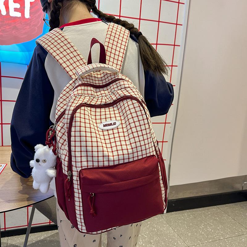 Schoolbag Unisex Kids Green Japanese Ins Large-Capacity Plaid Contrasting Colors Cute Student New Travel Men's And Women's Backpack