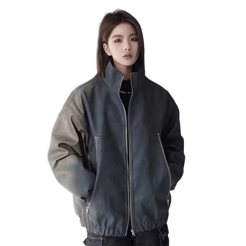 Unisex Distressed PU Leather and Cotton Retro Jacket - Women's 2024 Quilted Winter Coat
