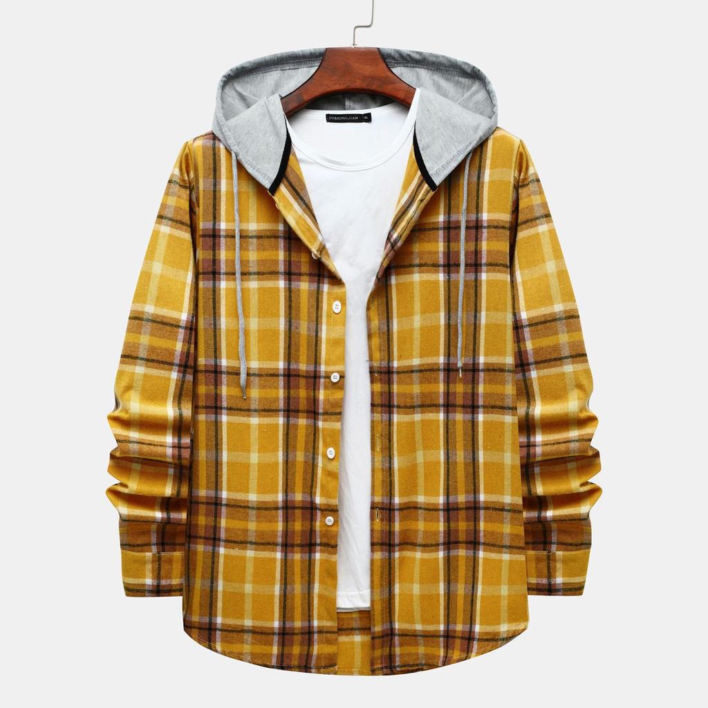 Autumn New Men's Casual Fashion Couple Hooded Plaid Long Sleeve Shirt Trend