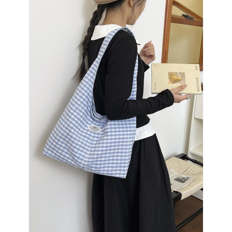 Korean StyleinsNew style casual and sweet plaid canvas shoulder shopping bag, fresh and versatile for daily use, underarm bag