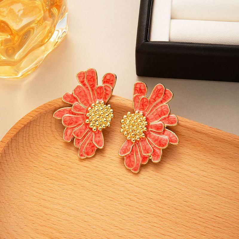 Light Luxury High-End Half Flower Silver Needle Earrings, Beautiful Retro Ankara Red Earrings, Women S Sweet Earrings.
