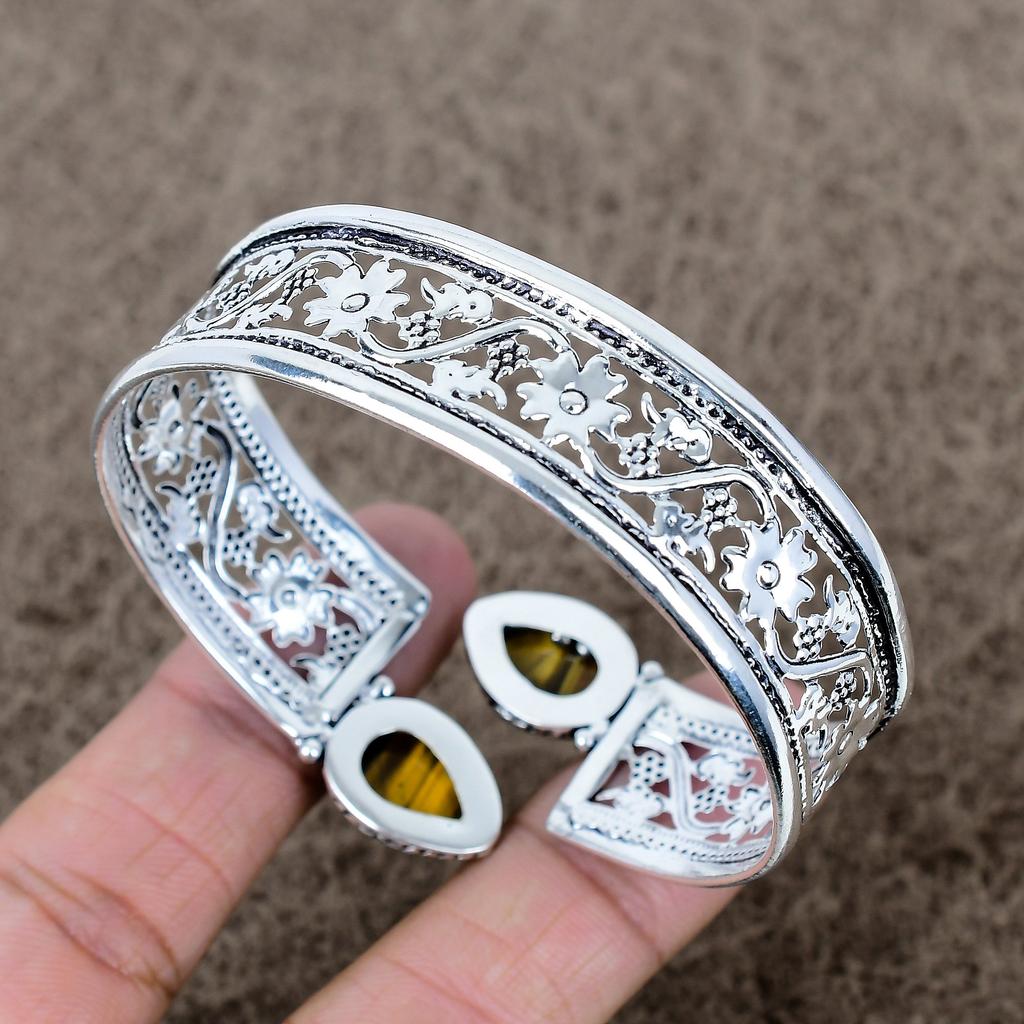 Tiger Eye Gemstone Handmade 925 Sterling Silver Cuff Bangle Adjustable KKG-774