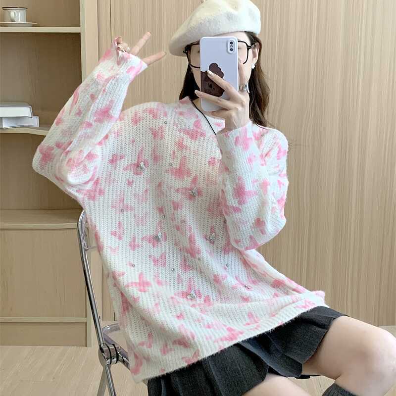 Autumn Women Solid Sweaters Knitting Basic Fashion O-Neck Style Pink Loose Pullover Sweater