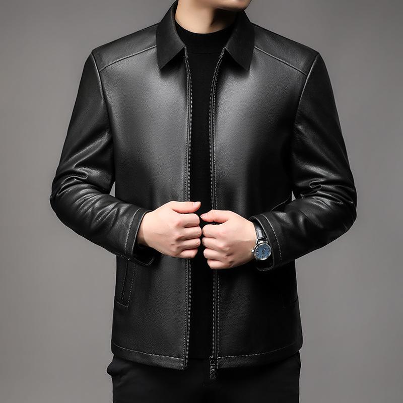 Spring and Autumn Thin Genuine Leather Jacket Men's Slim Short Lapel Leather Jacket Middle-aged Men's Genuine Leather Jacket