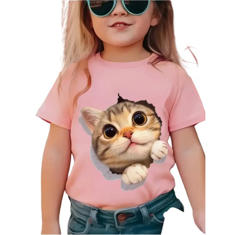 New Cartoon Cat Girl T-Shirt Short Sleeve Top Clothes Round Neck Top Fashion Junior Girls' Clothing Cute Outdoor Kids Tee