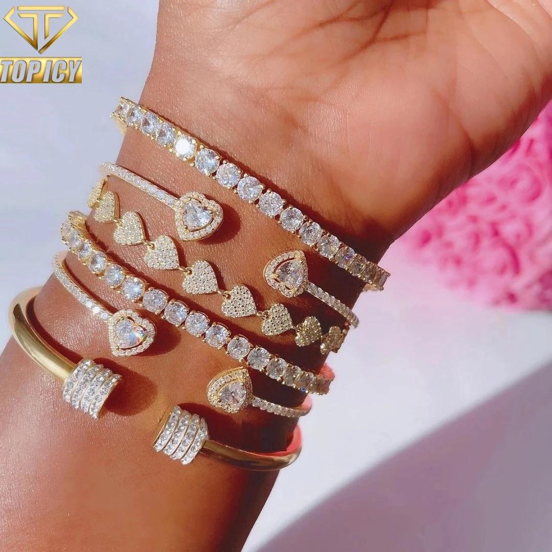 2mm 18K Gold Plated CZ Heart Style Iced Out Bling Bangle Hip Hop Tennis Bracelet Adjustable Full Iced Women Bangle Fine Jewelry tennis chain&7inch(17.78cm) золотой