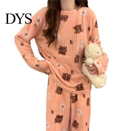 Lady Loungewear 2 Pcs/Set Women Winter Pajamas Set Round Neck Cartoon Bear And Peach Pattern Cozy Long Sleeve Coral Fleece Homewear Top Pants