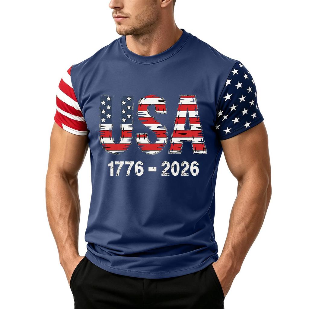 Men's Loose Fit Short Sleeve T Shirt USA Flag Print Casual Summer Daily Wear Crew Neck Top for Outdoor Activities