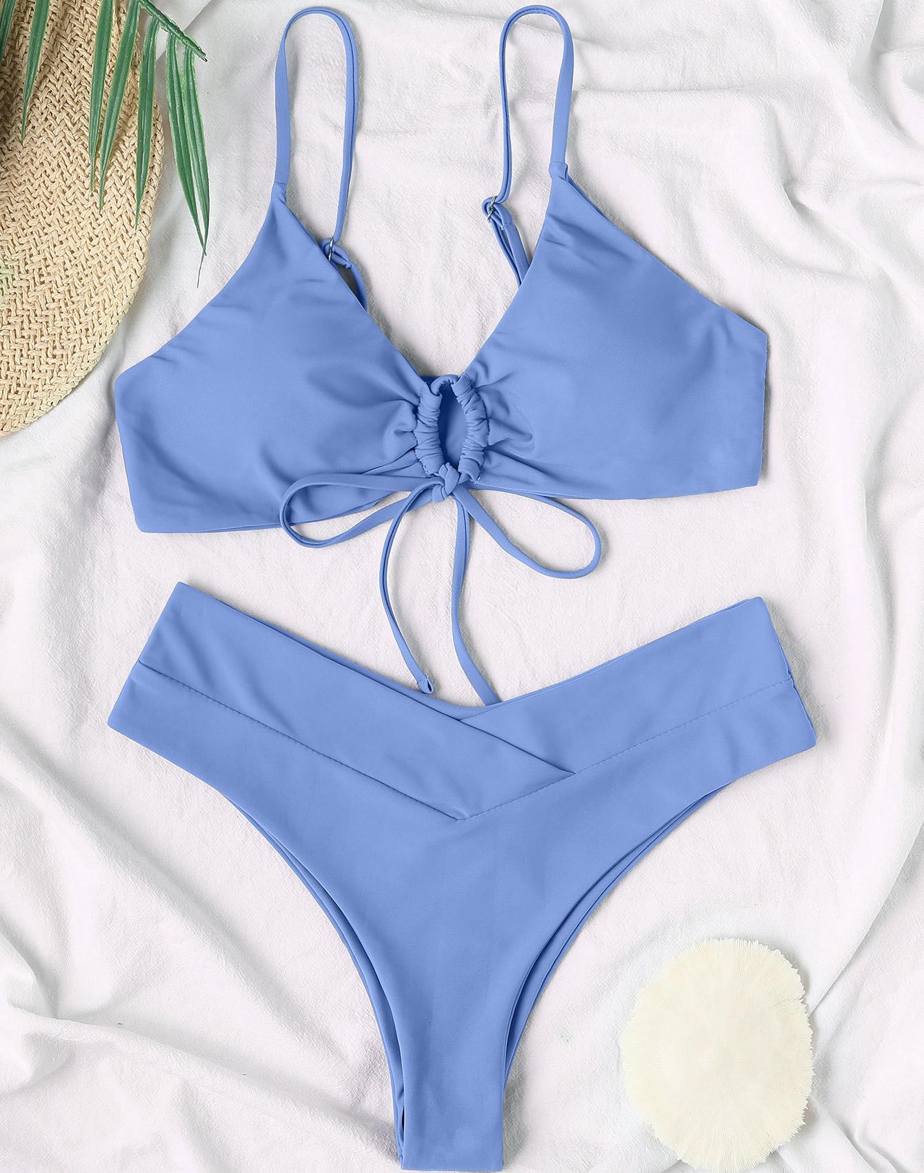 

Женский купальник, сплошной цвет, завязка спереди, сексуальные стринги бикини, бразильская пляжная одежда, купальные костюмы, 8 цветов XL синий