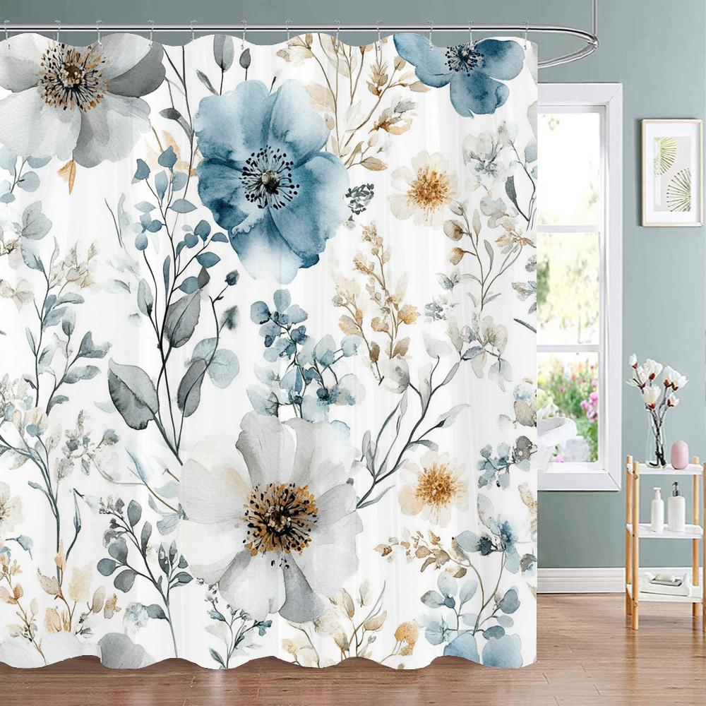 Beautiful and Elegant blue Flowers Pattern Shower Curtain,  Bathroom Decorative Shower Curtain,Home Curtain with Hooks