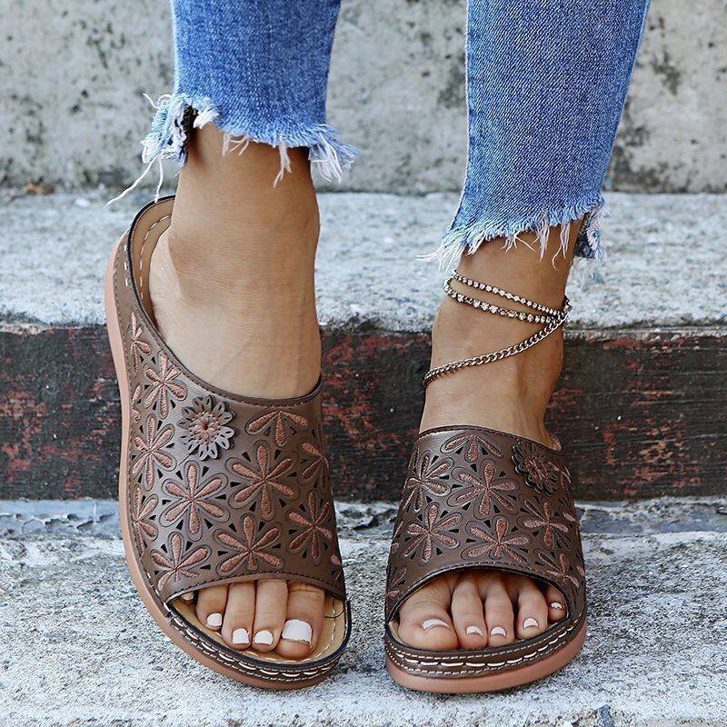 Large size women's shoes summer flowers fish mouth sandals hollow slope heel cool slippers women comfortable
