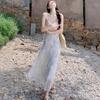 French Pure Desire Wind Sweet Niche Vacation Gentle Temperament Blue Flower Suspender Dress Beautiful Mesh Dress
