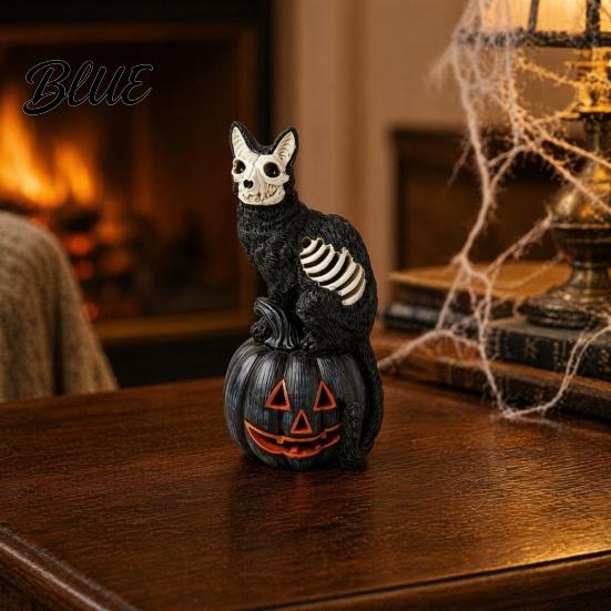 Halloween Spooky Atmosphere Decor Skull Black Cat Pumpkin Figurine Gothic Statue with Hollow Ribs Non-peeling Paint Ornament Decoration for Desktop