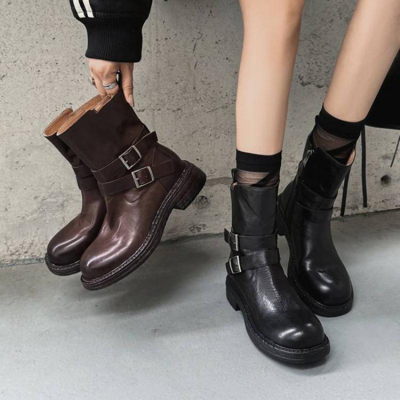 Podzimní a zimní kožené kozačky Martin na středním podpatku s rukávem dámské kulatá špička čtvercový podpatek univerzální velká velikost dámské kozačky hovězí kůže dámské nízké kozačky