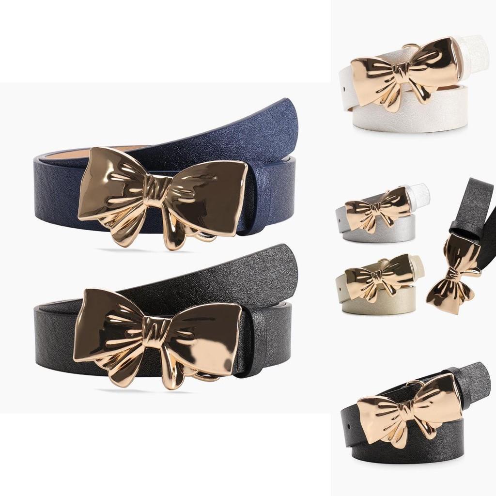 Pu Leather Womens Belt With Metal Bow Knot Buckle For Casual And Office Style