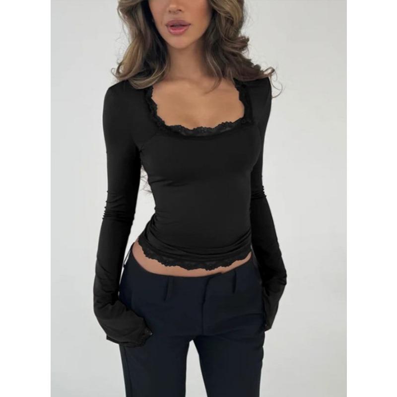 Women's White Square Neck Lace Trim Flare Sleeve Slim Fit Long Sleeve Top