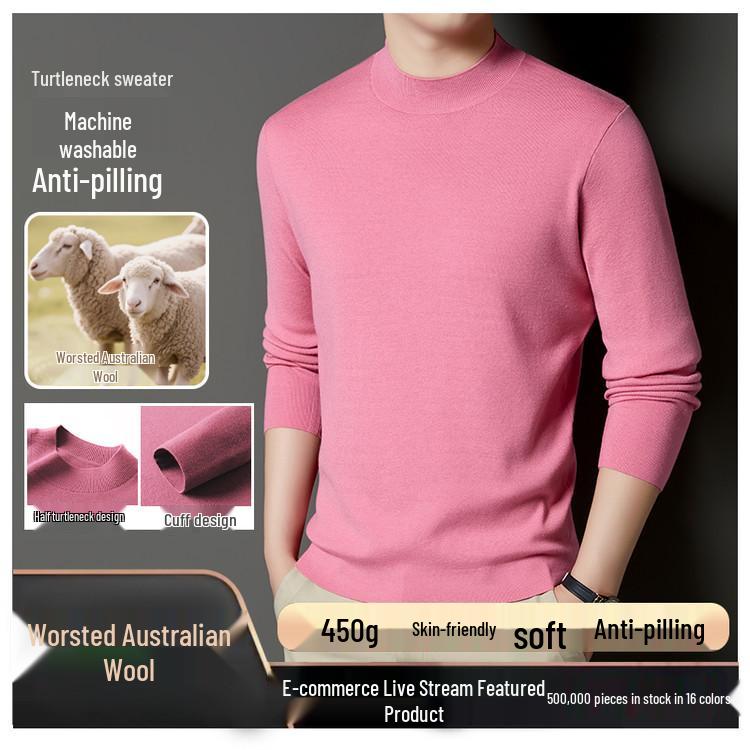 Machine-Washable Men's Wool Sweater, Half-High Neck, 450g Australian Wool, Warm Base Layer, Autumn/Winter 4A Grade.