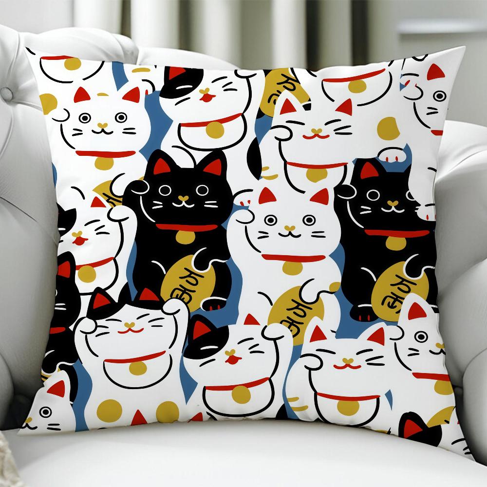 Maneki Neko Rich Luck Money Cat cushion cover Birthday Anniversary Gifts Double Sided Printed Zipper Cushion Cover