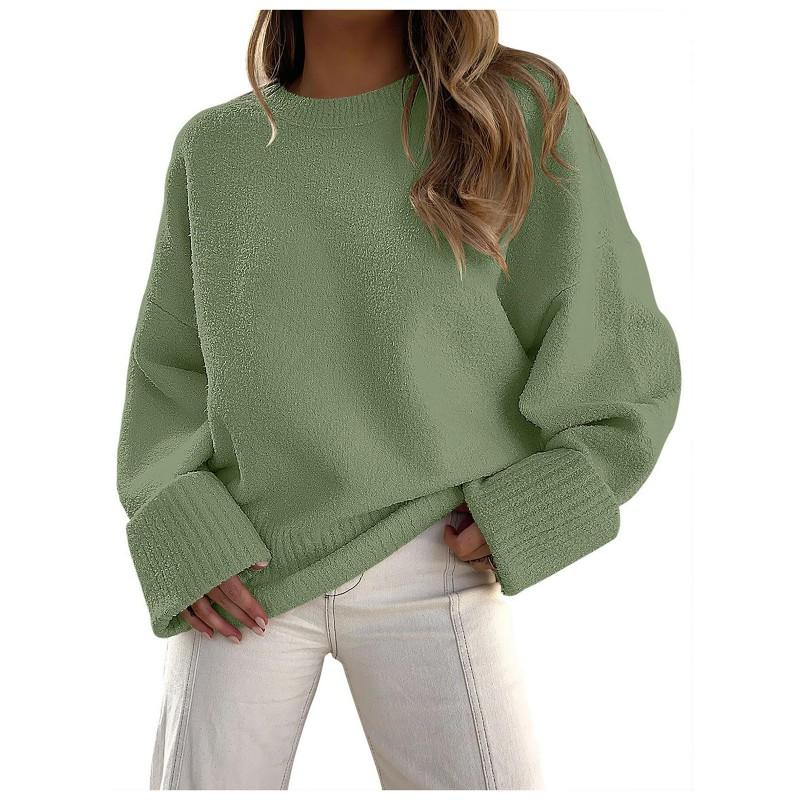 Womens Oversized Crewneck Long Sleeve Fleece Knit Sweater Fall Winter 2026 Soft Warm Casual Streetwear