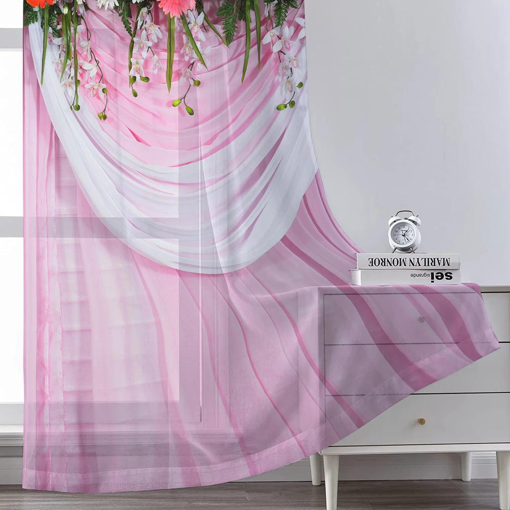 Flower Wall Voile Curtains Living Room Bedroom Decoration Transparent Chiffon Tulle Curtain Kitchen Window Treatment Sheer Polyester Sitting Decor