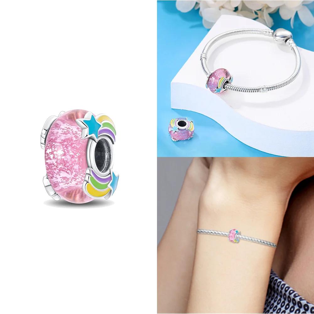 925 Silver Bracelet Women Diy Jewelry Gift Accessories Charms Beads Pink Murano Glass Blue Flower Butterfly Beads