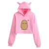 Cartoon Spud Potato Cat Ears Print Cropped Hoodie for Women