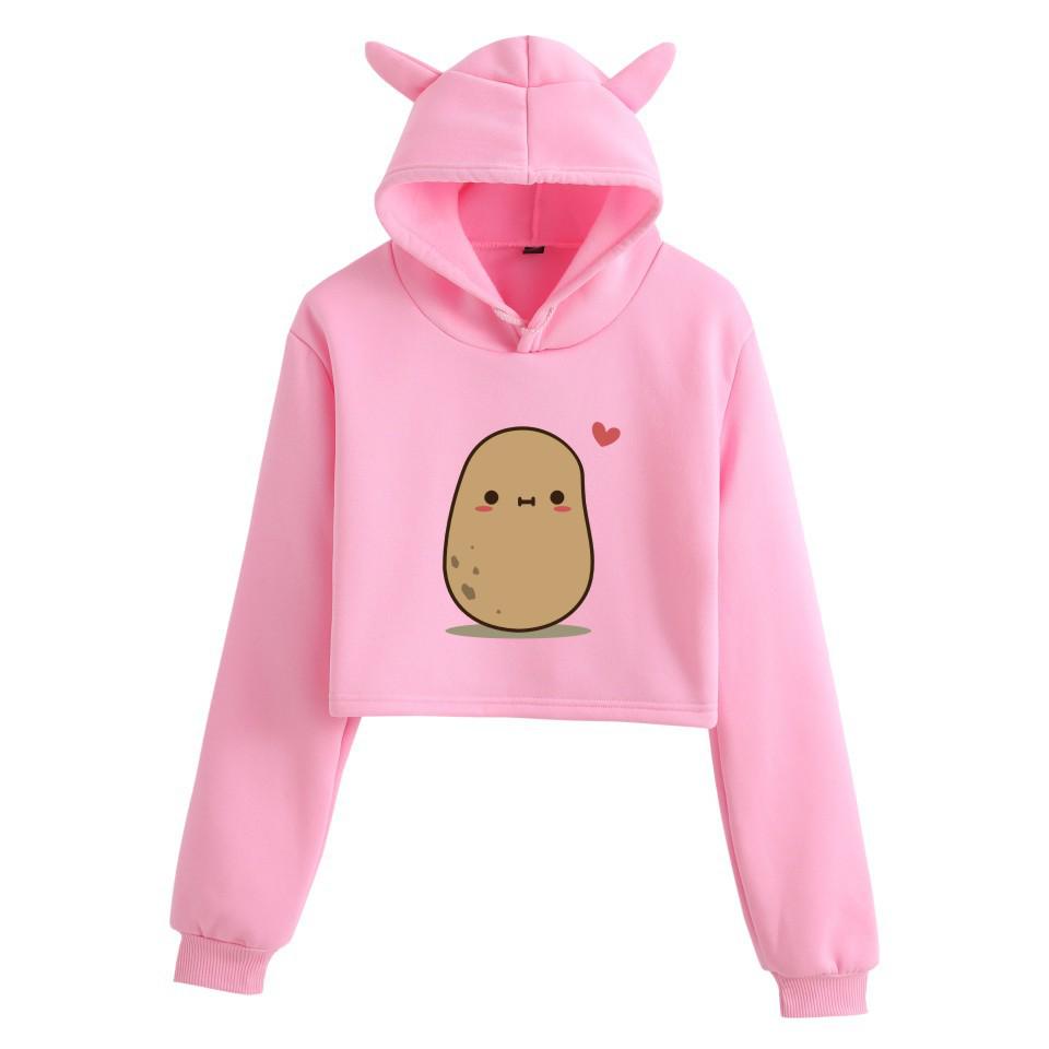 Cartoon Spud Potato Cat Ears Print Cropped Hoodie for Women