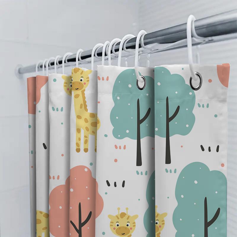Whimsical Giraffe Trees Fabric Shower Curtain Pastel Colors For Bathroom Decor 3D Printed Waterproof Bath Mat Set With Hooks Per