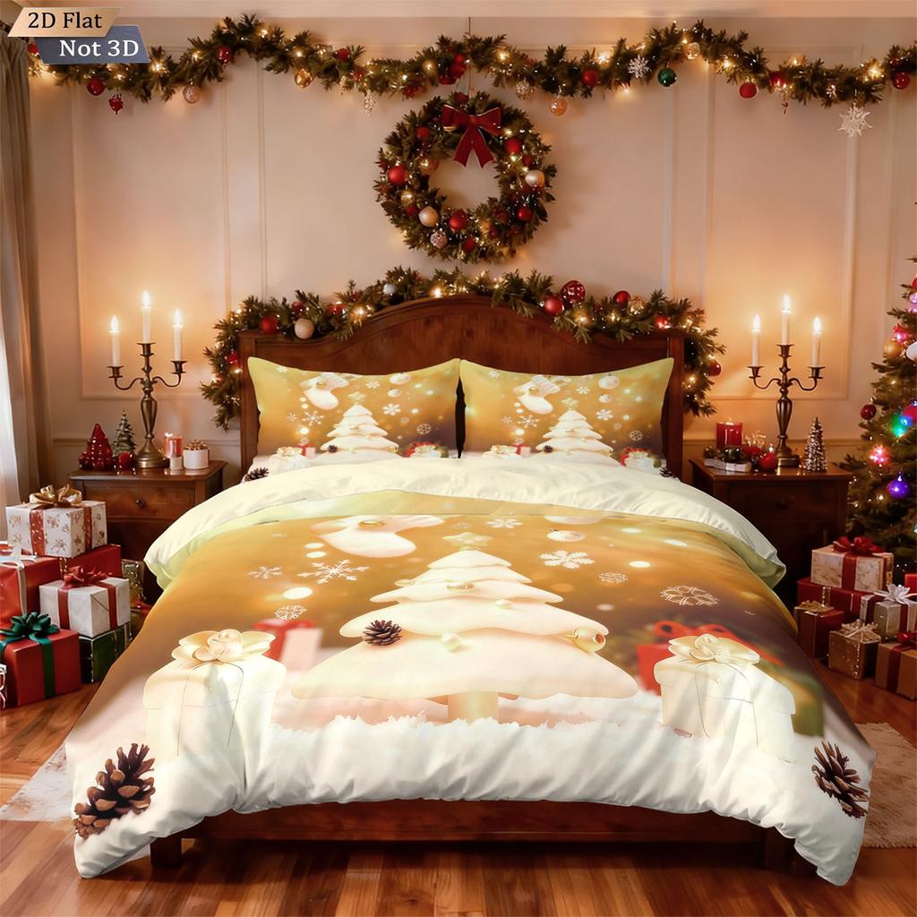 3pcs Merry Christmas Christmas Tree Printed Quilt Set Multi Size Bedrooms Dormitory Bedding Holiday Decoration Machine Washable