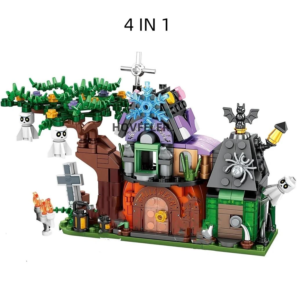 431Pcs 4 In 1 Halloween Pumpkin House Building Blocks City Kid Pumpkin Carriage Model Set Bricks Toys for Children Gift