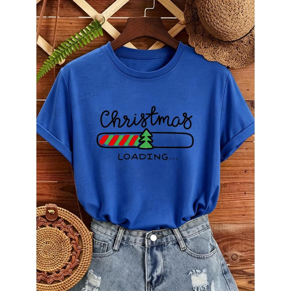 Damen Weihnachtst-Shirt Weihnachten Ladebalken Aufdruck Kurzarm Rundhalsausschnitt Lässig Locker Weihnachten Feiertag Grafik Oberteile T-Shirts