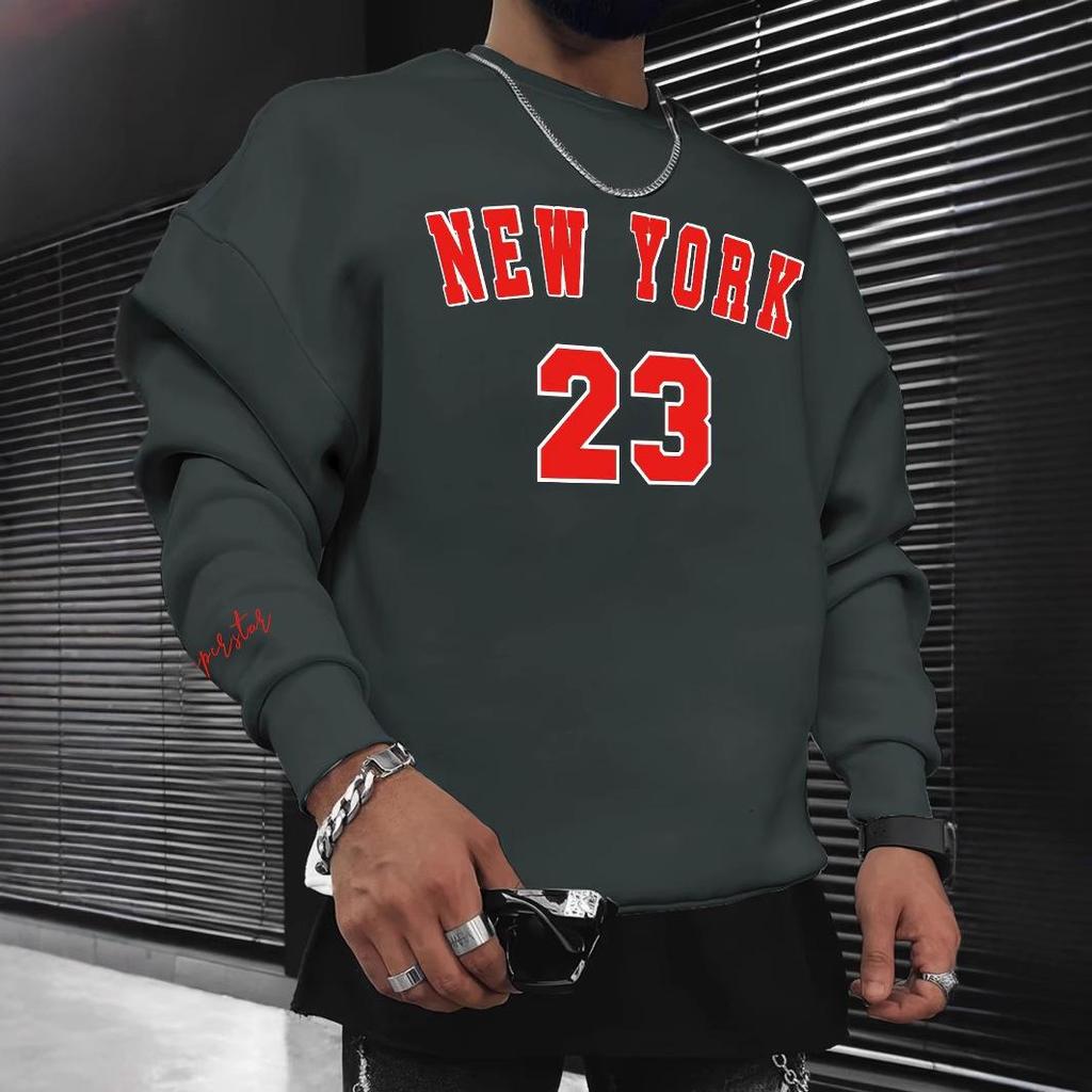 Men's Fashion Trend Casual Long Sleeve Round Neck Pullover Hoodie with Velvet Print for Winter