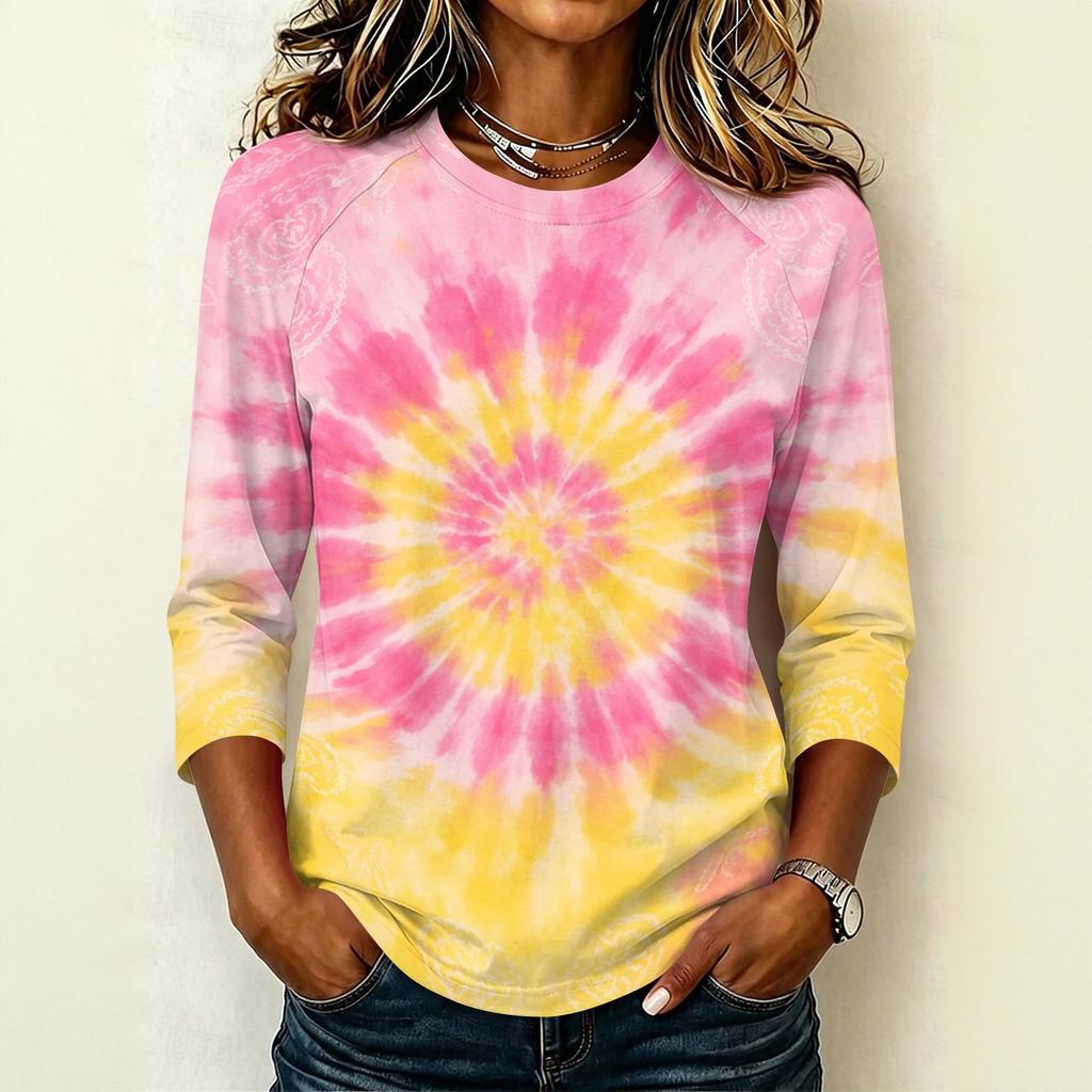 Damen Lässiger Raglanärmel Pullover T-Shirt Rundhalsausschnitt Dreiviertelarm Batik Print Oberteil für den Alltag
