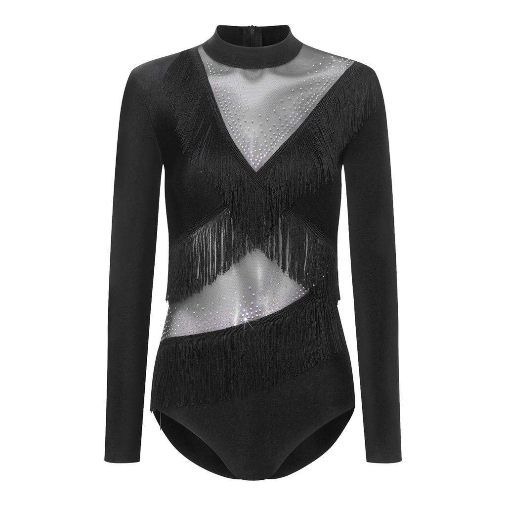 Damen Latein Tanz Jumpsuit Strasssteine Langarm Reißverschluss Hinten Fransen Leotard