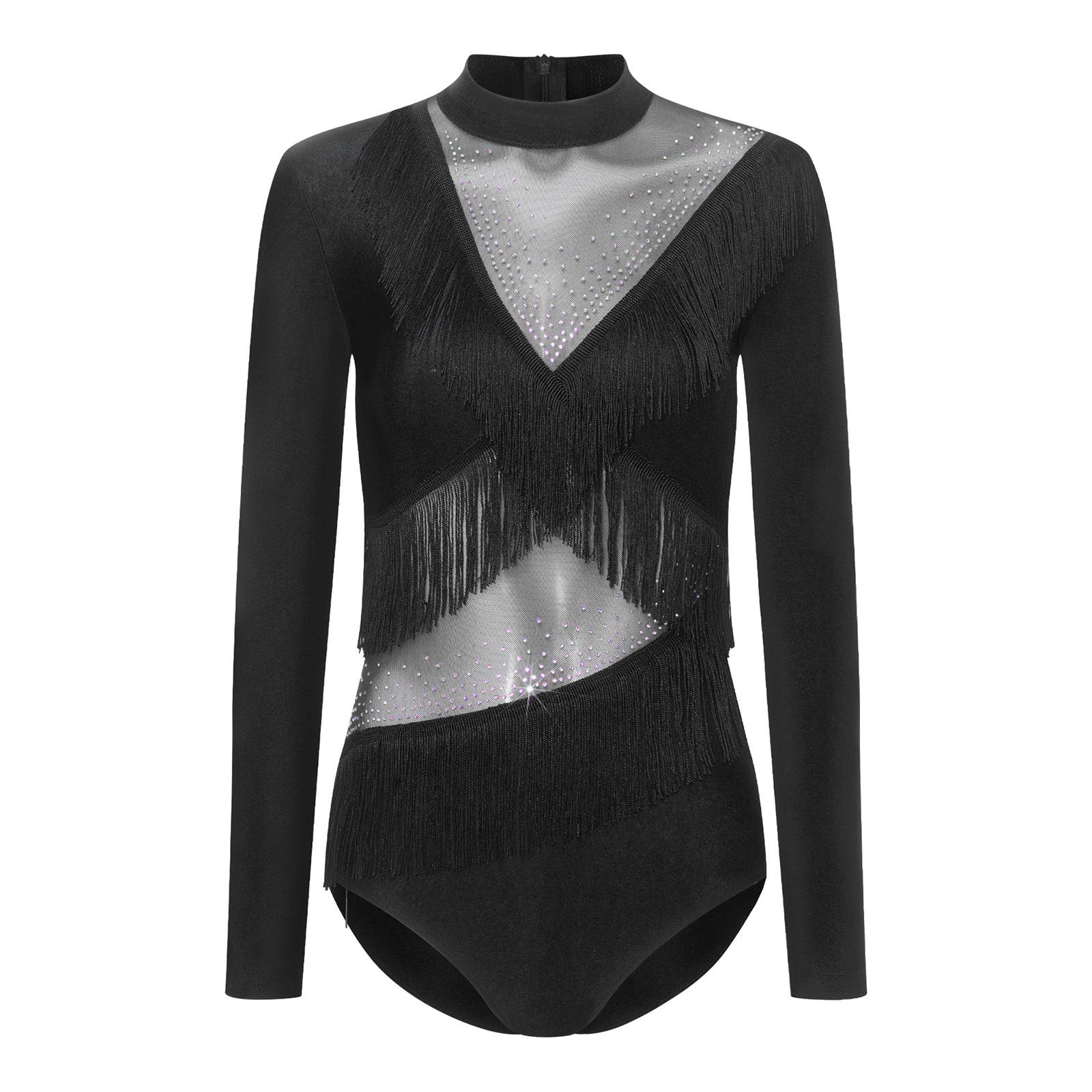 Damen Latein Tanz Jumpsuit Strasssteine Langarm Reißverschluss Hinten Fransen Leotard XXL schwarz