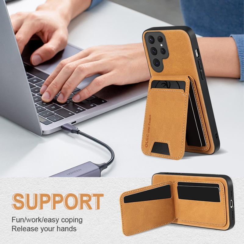 New Solid Color Leather Wallet Card Slot Bracket Phone Case For Samsung S24 Ultra S22 S20 S21 S23 FE Note 10 20 Ultra Plus Cover