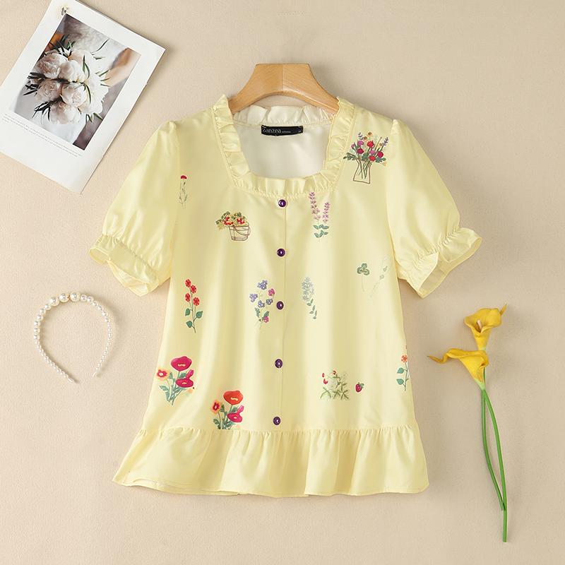 ZANZEA Women Casual Square Collar Loose Floral Prin Short Sleeve Blouse