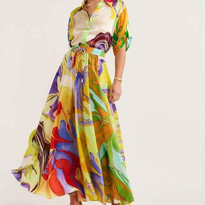 Springtime New Arrival Women's Fashionable Printed Loose Top Lace Skirt Suit