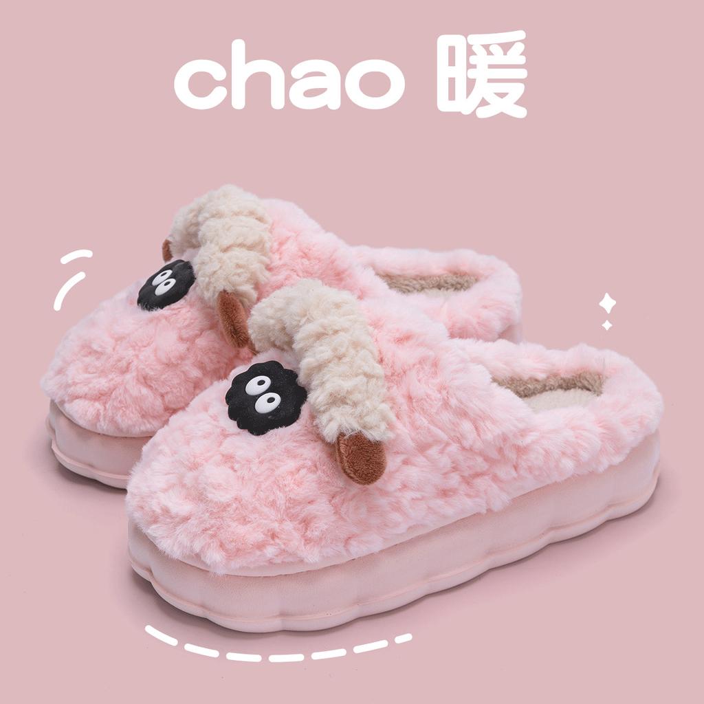Cute Cotton Slippers Winter Indoor Home Thick Bottom Velvet Warm Couple Plush Cartoon Lamb Cotton Mop